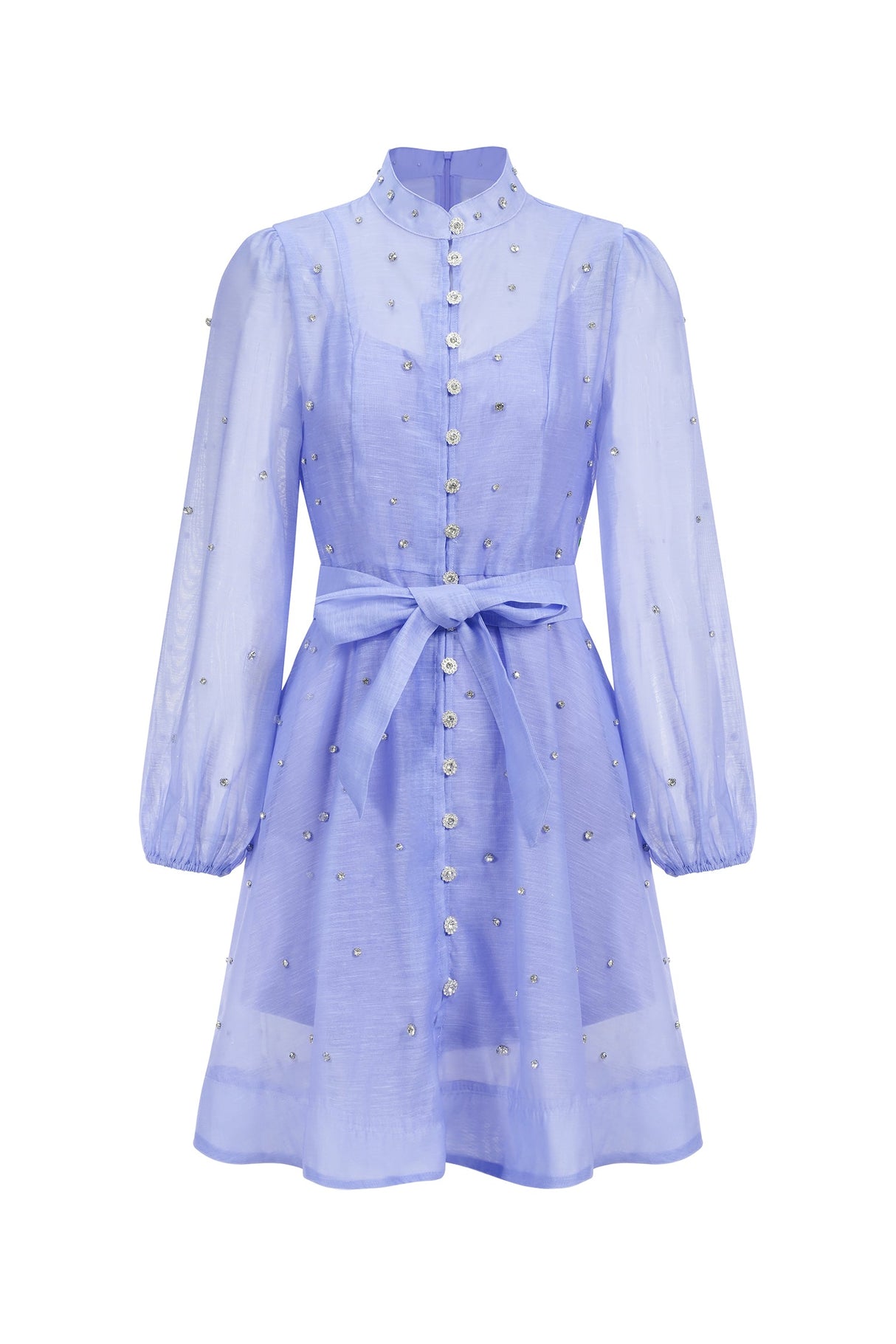 Amalia Blue Diamond Embellished Button-Up Mini Dress with Tie Waist and Flared Skirt