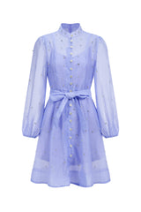 Amalia Blue Diamond Embellished Button-Up Mini Dress with Tie Waist and Flared Skirt