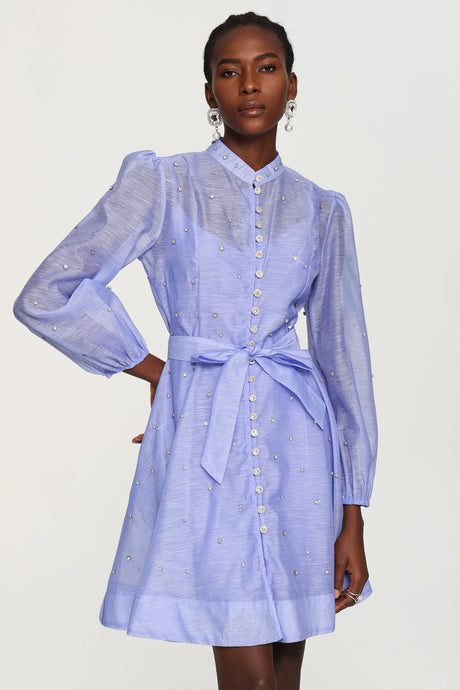 Amalia Blue Diamond Embellished Button-Up Mini Dress