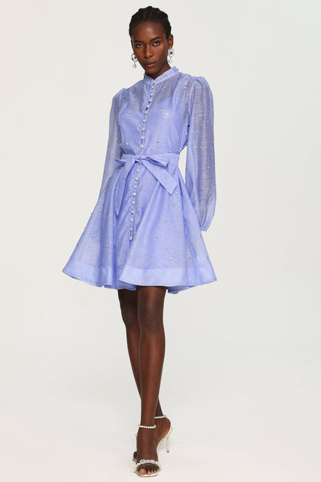 Amalia Blue Diamond Embellished Button-Up Mini Dress with Tie Waist and Long Sleeves