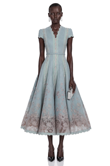 Amália Blue Scalloped Floral Embroidered Midi Dress