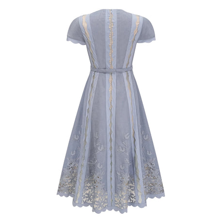 Amália Blue Scalloped Floral Embroidered Midi Dress
