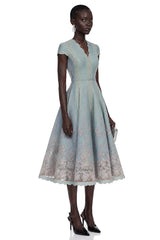Amália Blue Scalloped Floral Embroidered Midi Dress