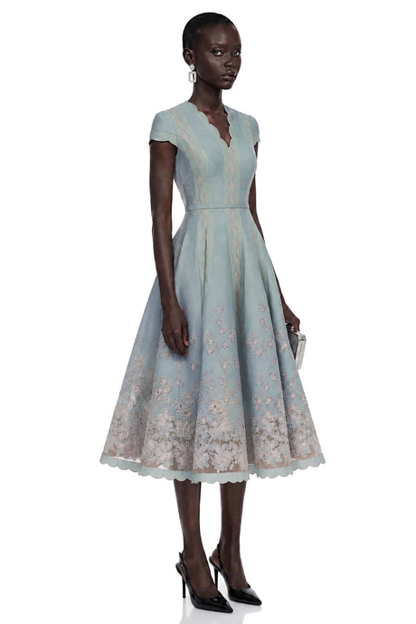 Amália Blue Scalloped Floral Embroidered Midi Dress