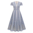 Amália Blue Scalloped Floral Embroidered Midi Dress