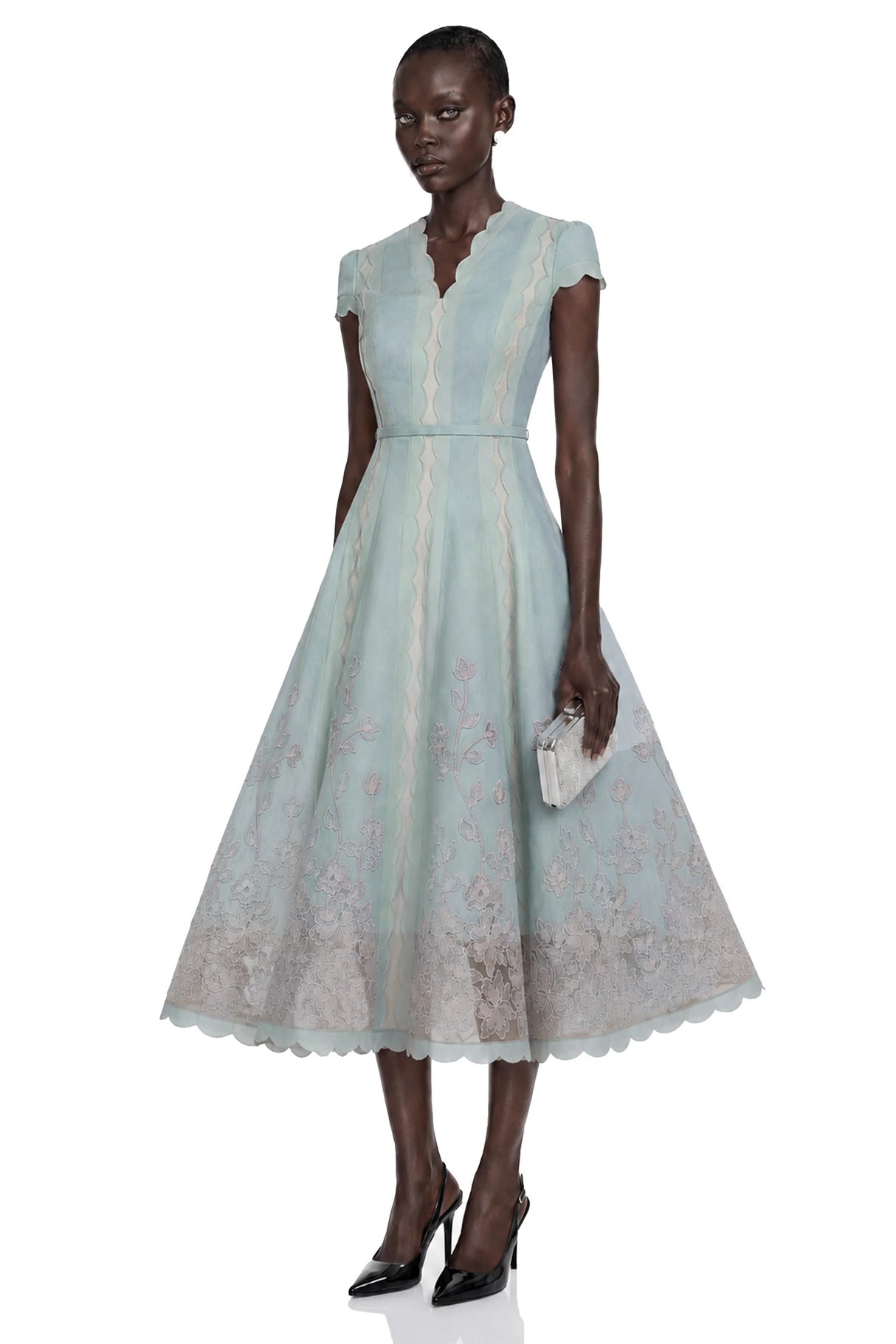 Amália Blue Scalloped Floral Embroidered Midi Dress