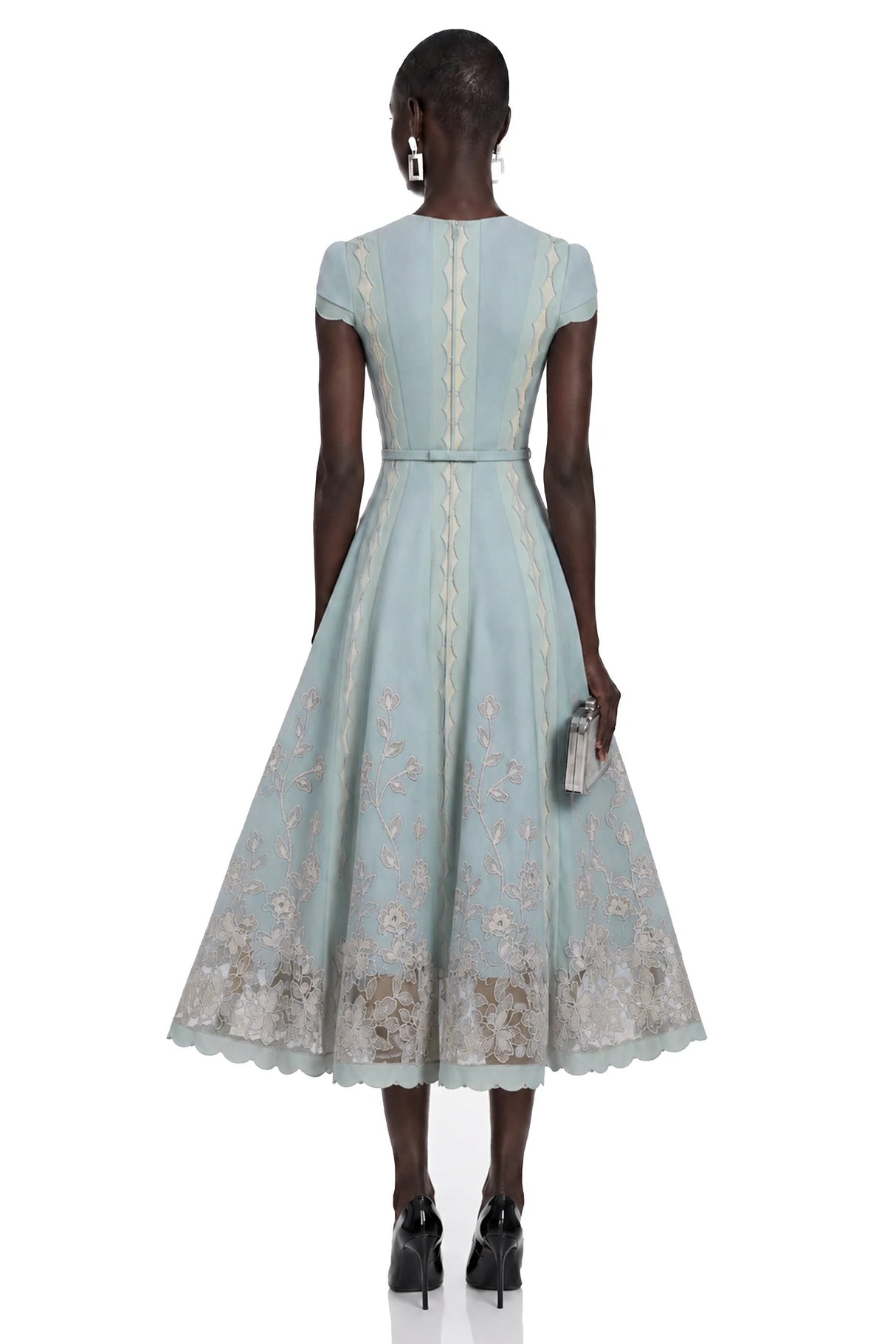 Amália Blue Scalloped Floral Embroidered Midi Dress