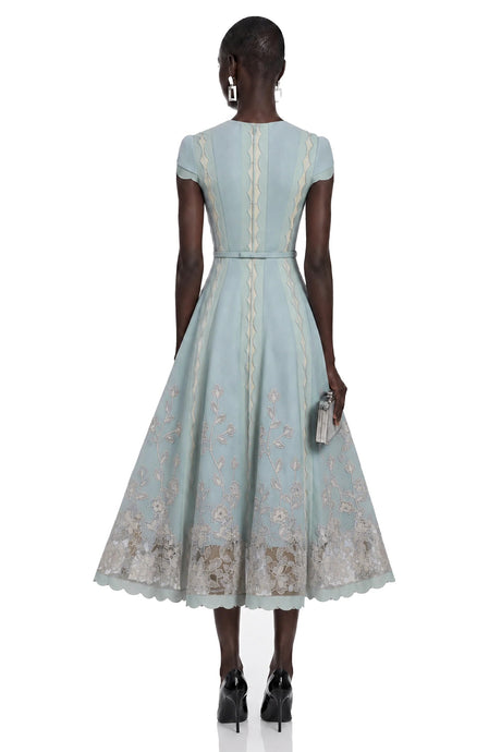 Amália Blue Scalloped Floral Embroidered Midi Dress