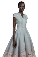 Amália Blue Scalloped Floral Embroidered Midi Dress