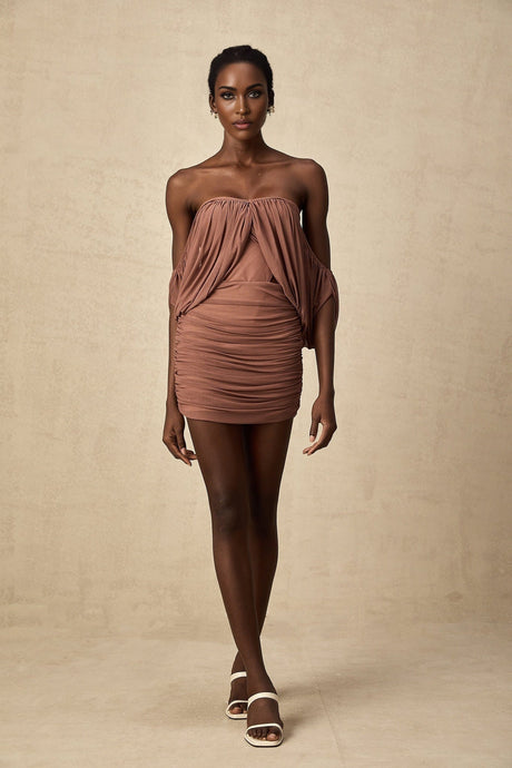 Amalia Bodysuit & Skirt - Open Back Off - Shoulder - Ruched Detailing - High - Rise Cut - Side Zip Fastening