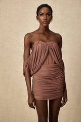 Amalia Bodysuit & Skirt - Open Back Off - Shoulder - Ruched Detailing - High - Rise Cut - Side Zip Fastening