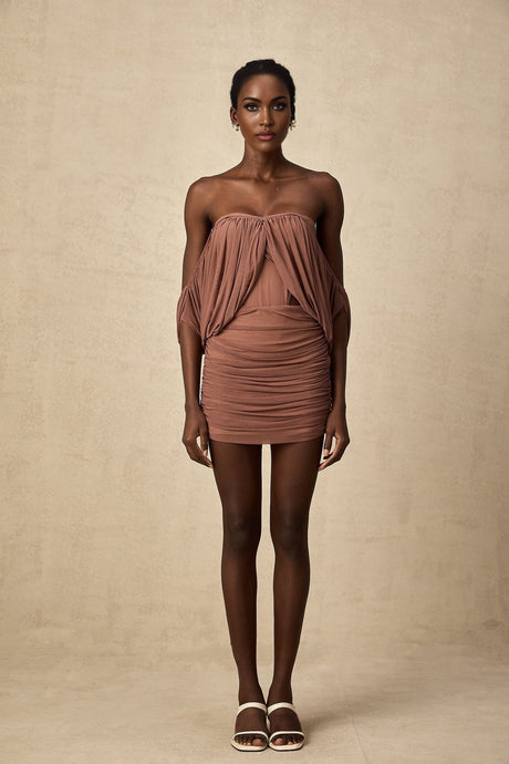 Amalia Bodysuit & Skirt - Open Back Off - Shoulder - Ruched Detailing - High - Rise Cut - Side Zip Fastening