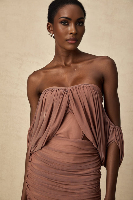 Amalia Bodysuit & Skirt - Open Back Off - Shoulder - Ruched Detailing - High - Rise Cut - Side Zip Fastening
