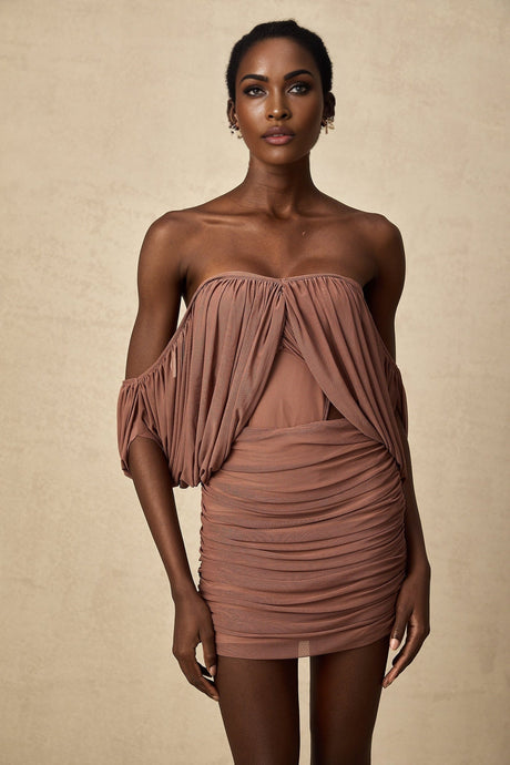 Amalia Bodysuit & Skirt - Open Back Off - Shoulder - Ruched Detailing - High - Rise Cut - Side Zip Fastening