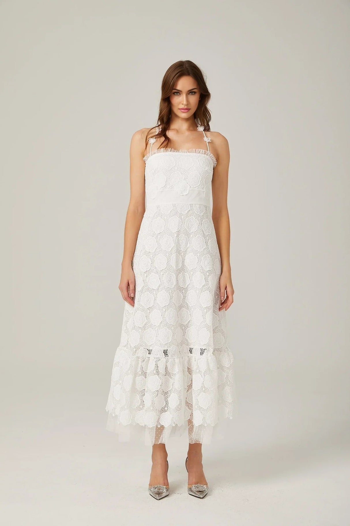 Amalia Floral Midi Dress - Halterneck Design - Lace Trim Detailing - Faux - Floral Embellishments - Semi - sheer Construction