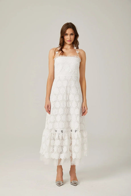 Amalia Floral Midi Dress - Halterneck Design - Lace Trim Detailing - Faux - Floral Embellishments - Semi - sheer Construction