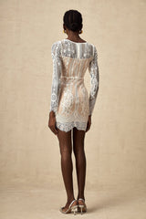 Amalia Mini Dress – Square Neck – Long Semi - Sheer Sleeves – Lace Panelling
