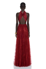 Amandine Red Halterneck Semisheer Maxi Dress