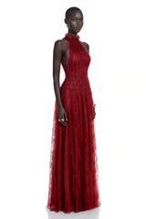 Amandine Red Halterneck Semisheer Maxi Dress