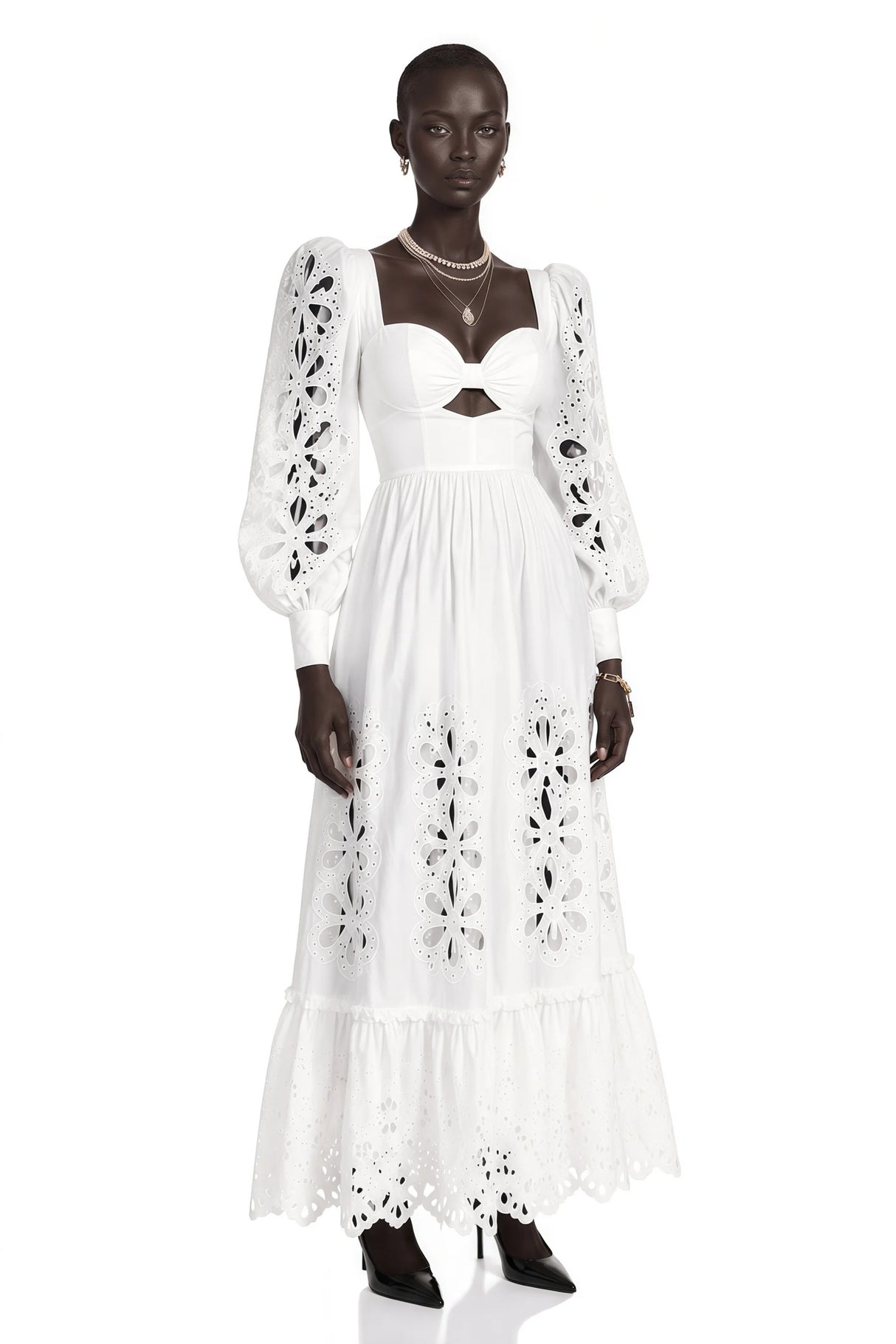 Amandine White CutOut Puff Sleeve Maxi Dress