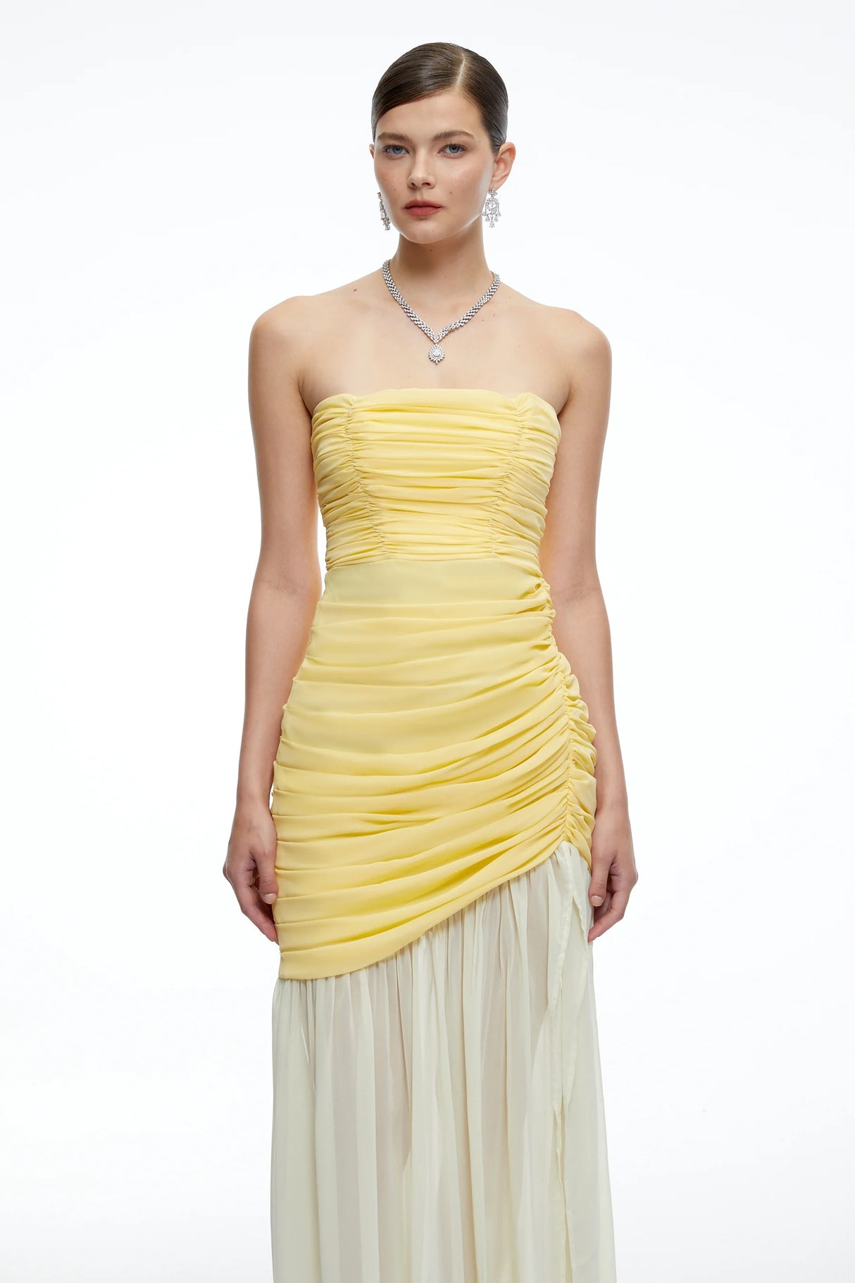 Amandine Yellow Ruched Maxi Dress with Slit