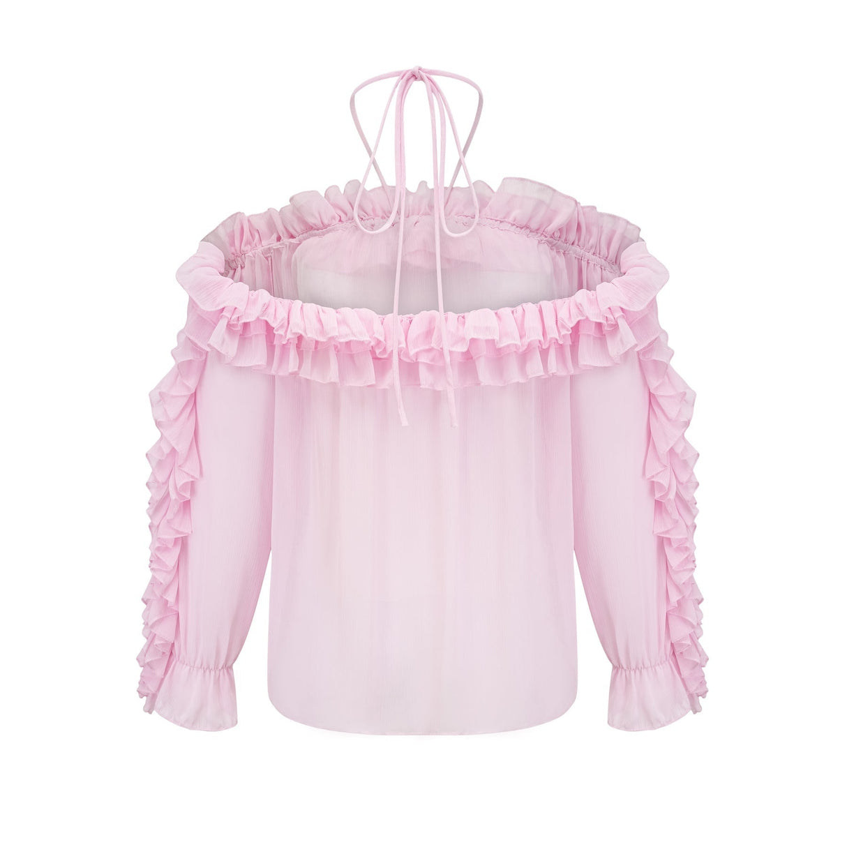 Amara Halter Blouse - Ruffle Trim - Floral Appliqué - Long Sleeves - Sheer Look