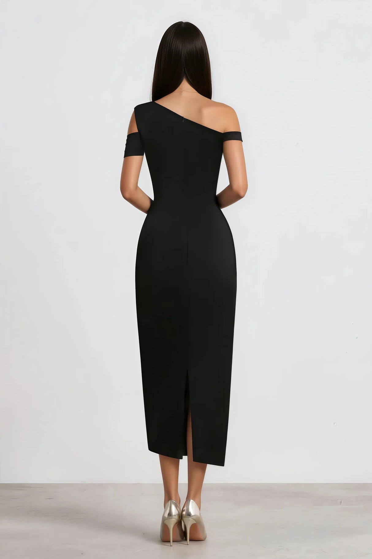 Amarante Black One Shoulder Asymmetrical Midi Dress
