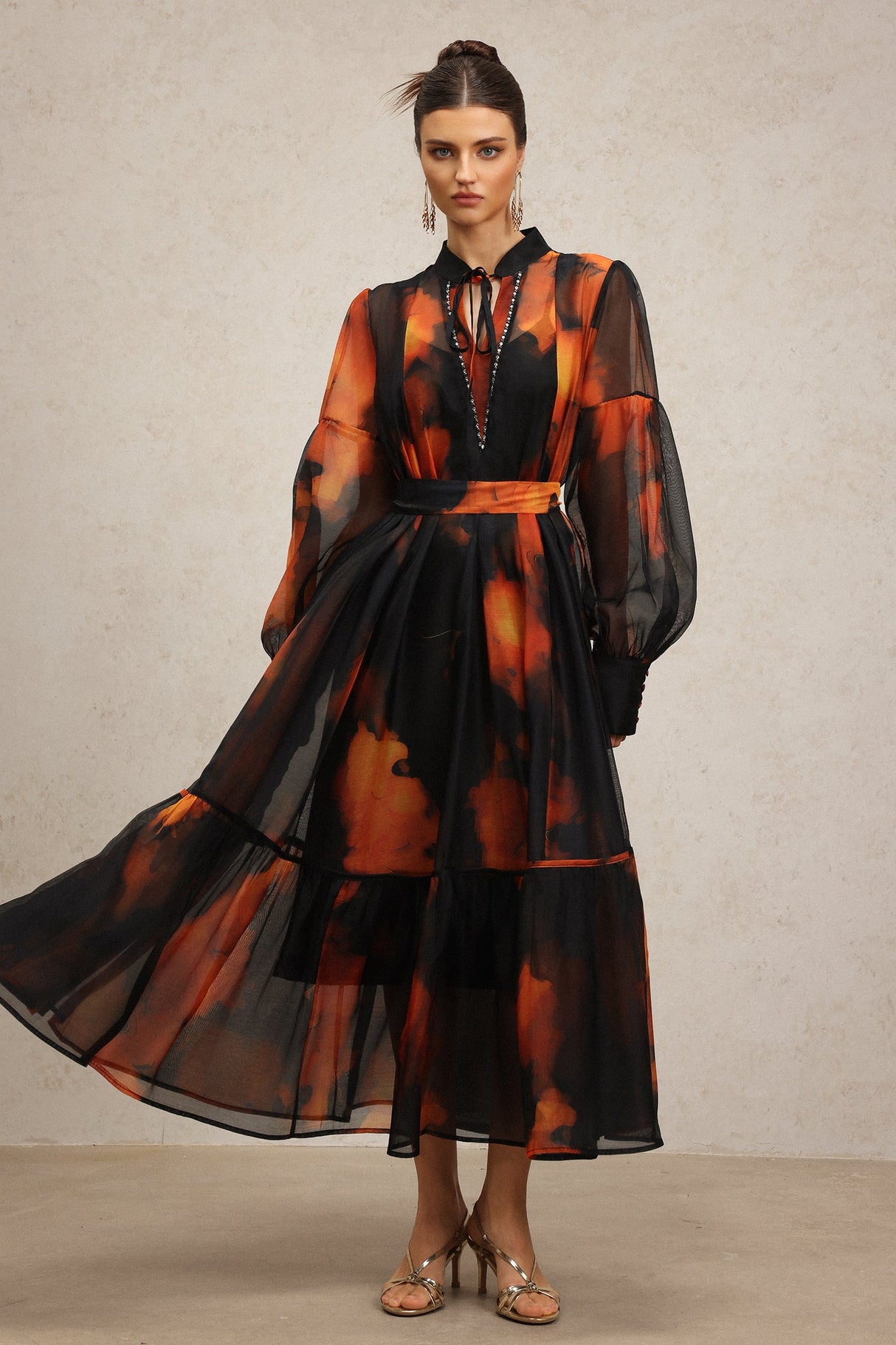 Amari Black Abstract Maxi Dress with Pleated Skirt and Billowy Sleeves