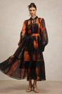 Amari Black Abstract Maxi Dress with Pleated Skirt and Billowy Sleeves