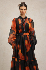 Amari Black Abstract Pattern Maxi Dress with Collared Neckline and Tie Detail