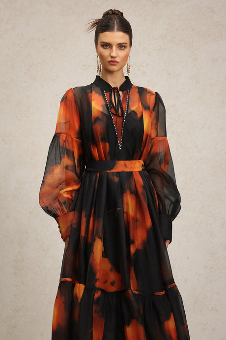 Amari Black Abstract Pattern Maxi Dress with Collared Neckline and Tie Detail