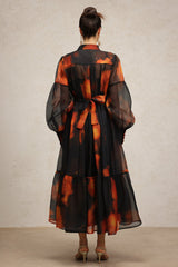 Amari Black Abstract Pattern Maxi Dress with Pleated Skirt and Billowy Sleeves