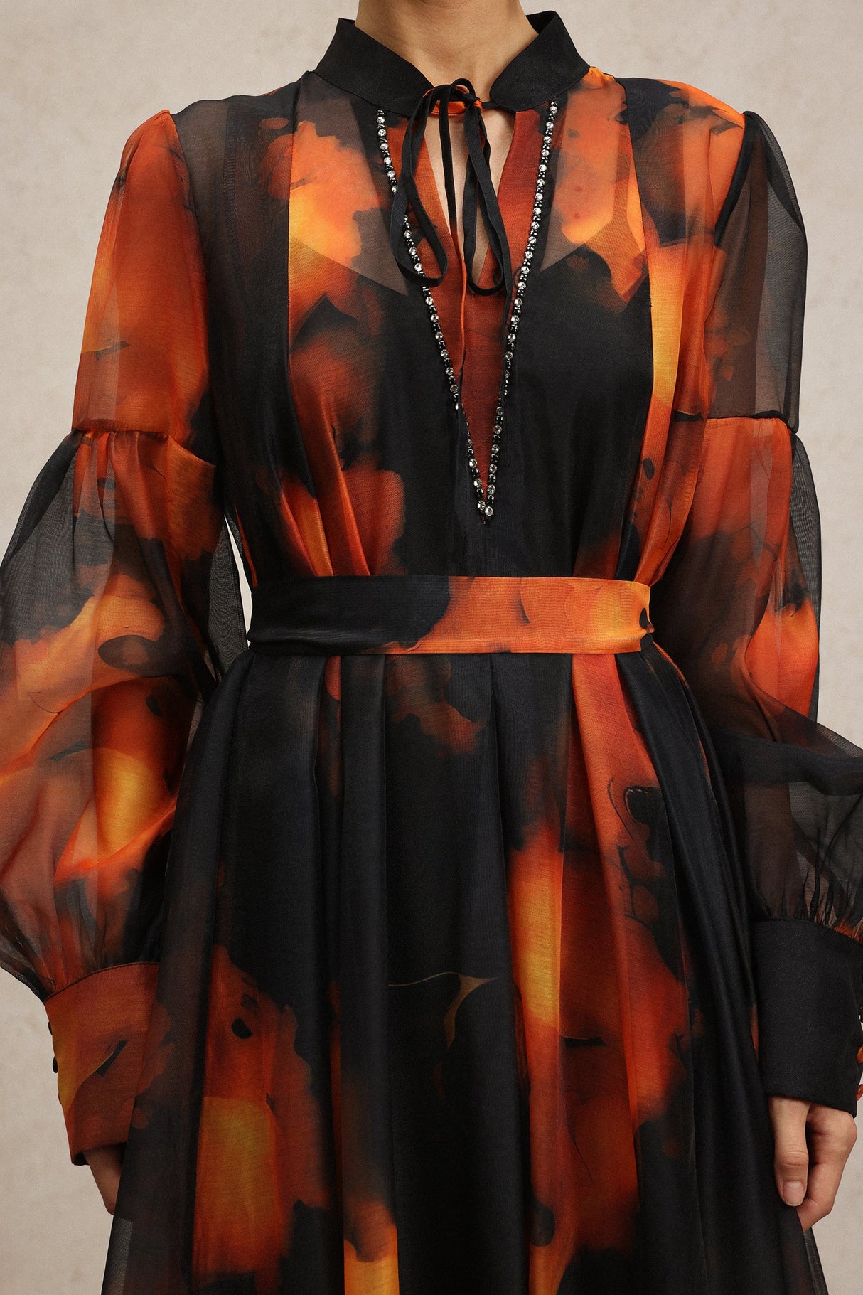 Amari Black Abstract Pattern Maxi Dress with Collared Neckline and Tie Detail