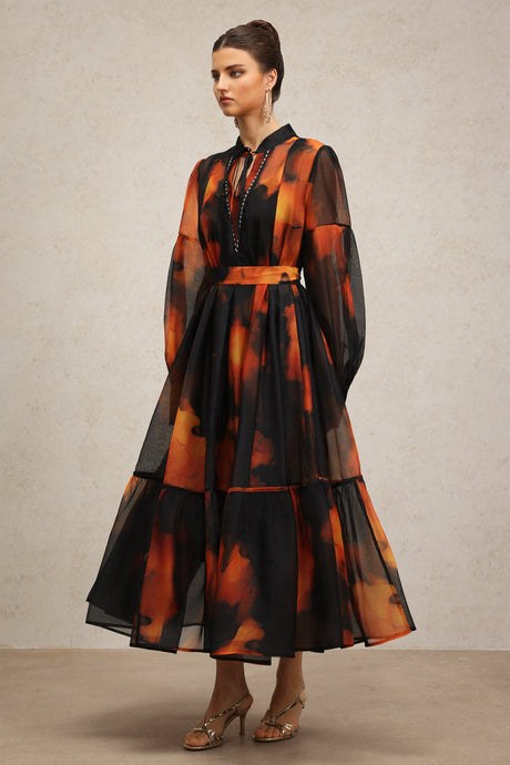 Amari Black Abstract Pattern Maxi Dress with Collared Neckline and Tie Detail