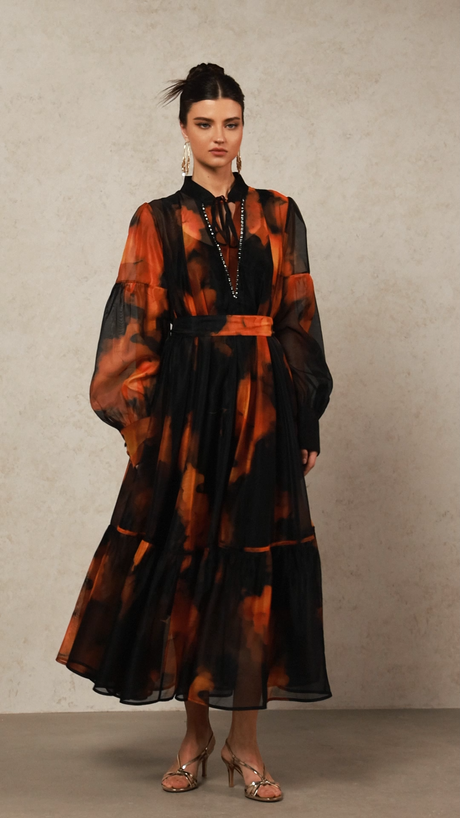 Amari Black Abstract Pattern Maxi Dress with Pleated Skirt and Billowy Sleeves