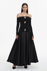 Amari Black Halter Neckline Long Sleeve Ruched Detailing Dress