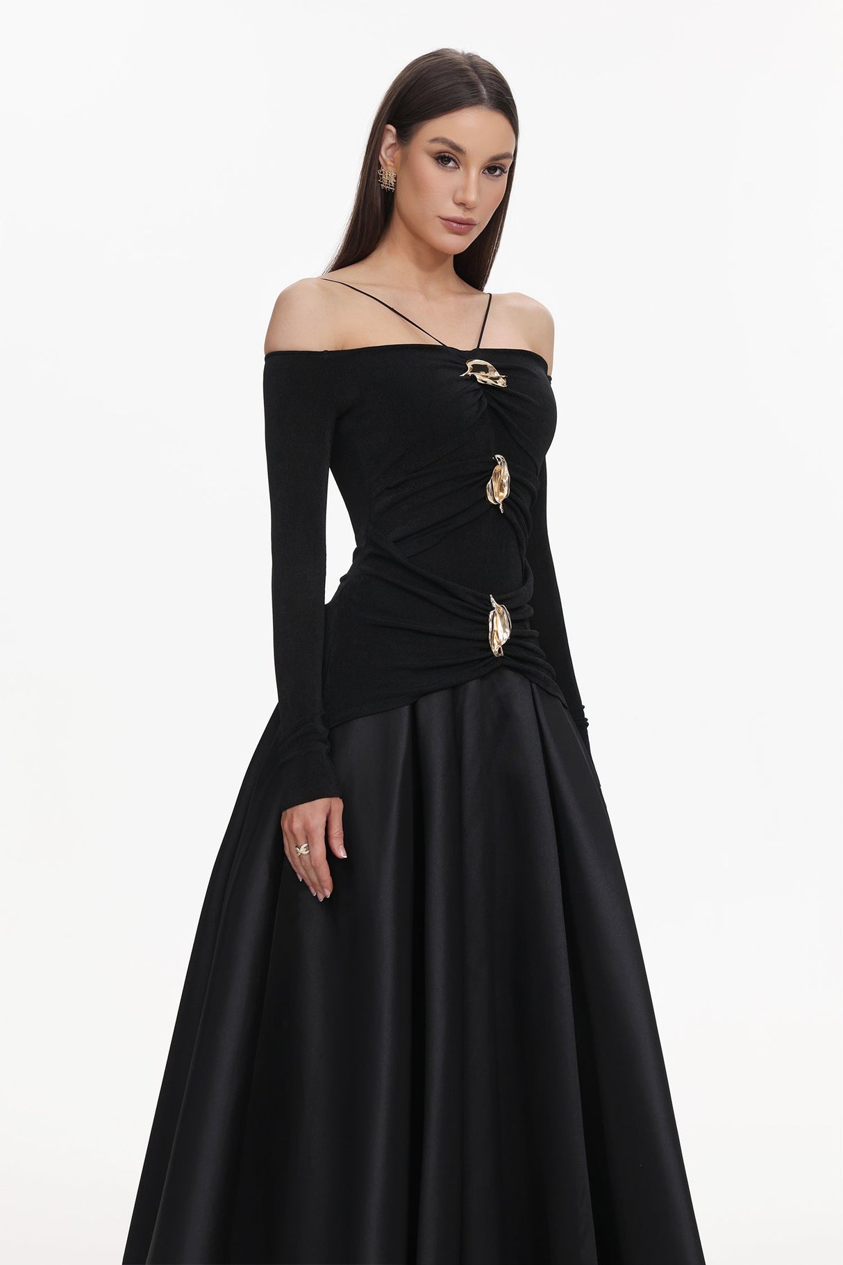 Amari Black Halter Neckline Long Sleeve Ruched Detailing Dress