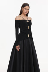 Amari Black Halter Neckline Long Sleeve Ruched Detailing Dress