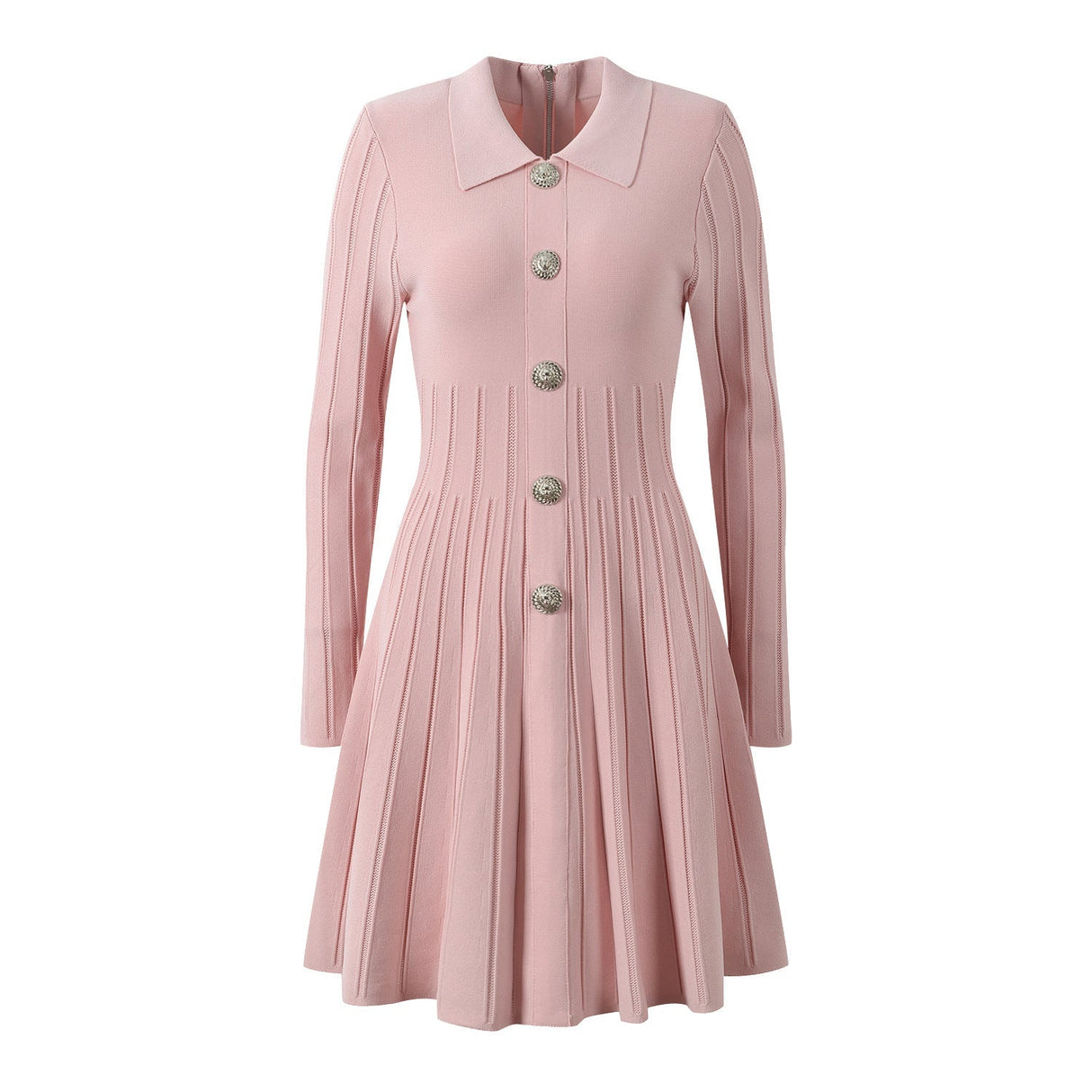 Amari Dress - A - Line Silhouette - Flared Skirt - Long Sleeves - Tailored Fit - Decorative Buttons