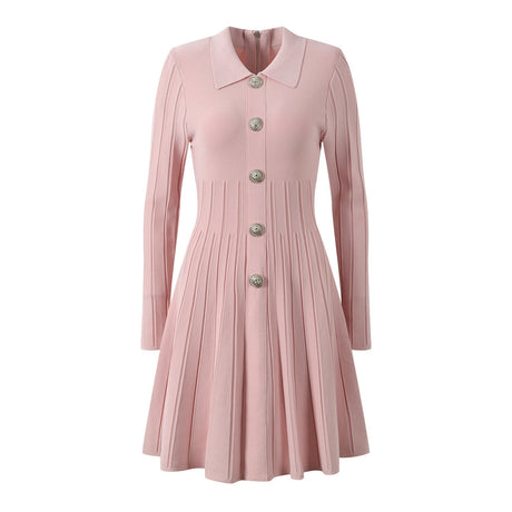 Amari Dress - A - Line Silhouette - Flared Skirt - Long Sleeves - Tailored Fit - Decorative Buttons