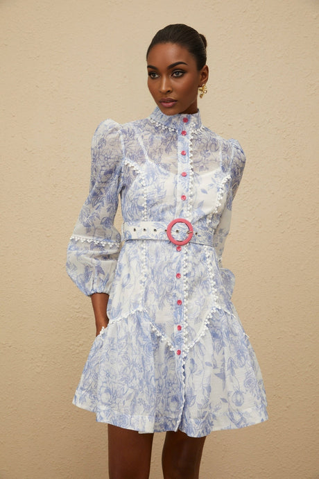 Amari Floral Mini Dress - Mock Neck - Puff Sleeves - Belted Waist - Scallop Trim