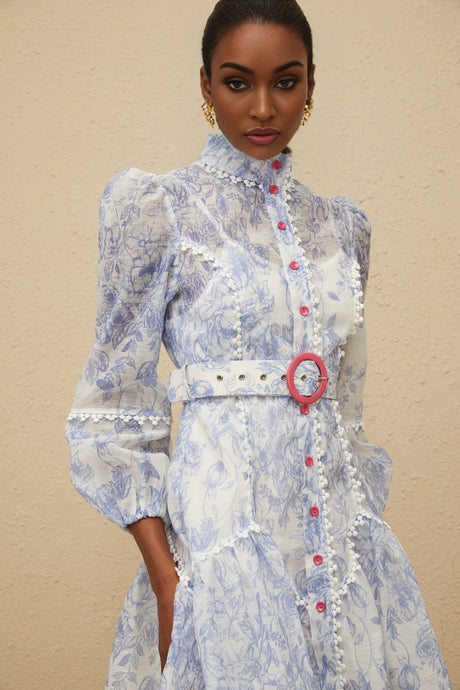 Amari Floral Mini Dress - Mock Neck - Puff Sleeves - Belted Waist - Scallop Trim