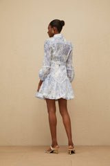 Amari Floral Mini Dress - Mock Neck - Puff Sleeves - Belted Waist - Scallop Trim