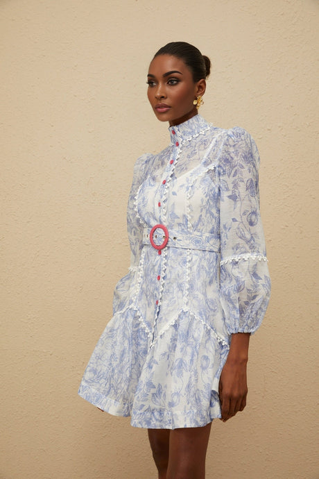 Amari Floral Mini Dress - Mock Neck - Puff Sleeves - Belted Waist - Scallop Trim