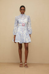 Amari Floral Mini Dress - Mock Neck - Puff Sleeves - Belted Waist - Scallop Trim