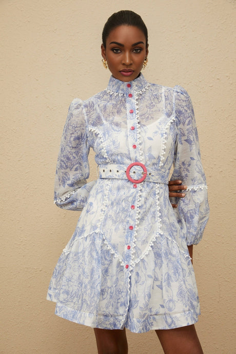 Amari Floral Mini Dress - Mock Neck - Puff Sleeves - Belted Waist - Scallop Trim