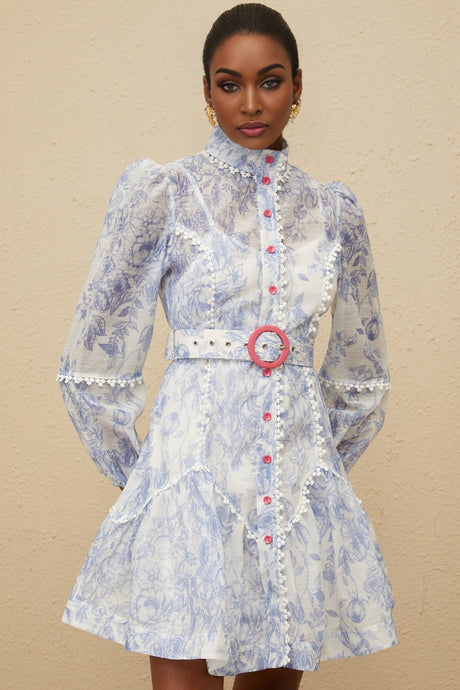 Amari Floral Mini Dress - Mock Neck - Puff Sleeves - Belted Waist - Scallop Trim
