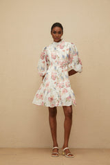 Amari Mini Dress - Floral Print - Puff Sleeves - Tied Waist - Scallop Trim - Faux - Pearl Buttons