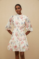 Amari Mini Dress - Floral Print - Puff Sleeves - Tied Waist - Scallop Trim - Faux - Pearl Buttons