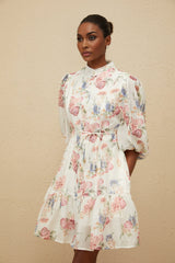 Amari Mini Dress - Floral Print - Puff Sleeves - Tied Waist - Scallop Trim - Faux - Pearl Buttons